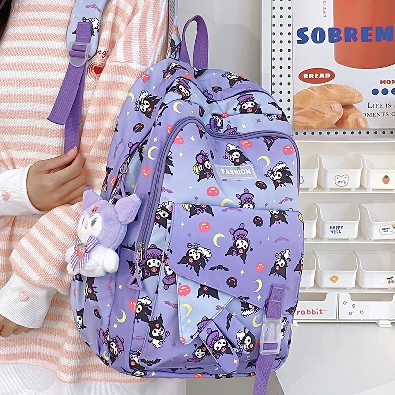 Sanrio Kulomi mochila escolar de tela con estampado coreano para estudiantes, mochila de gran capacidad con dibujos animados