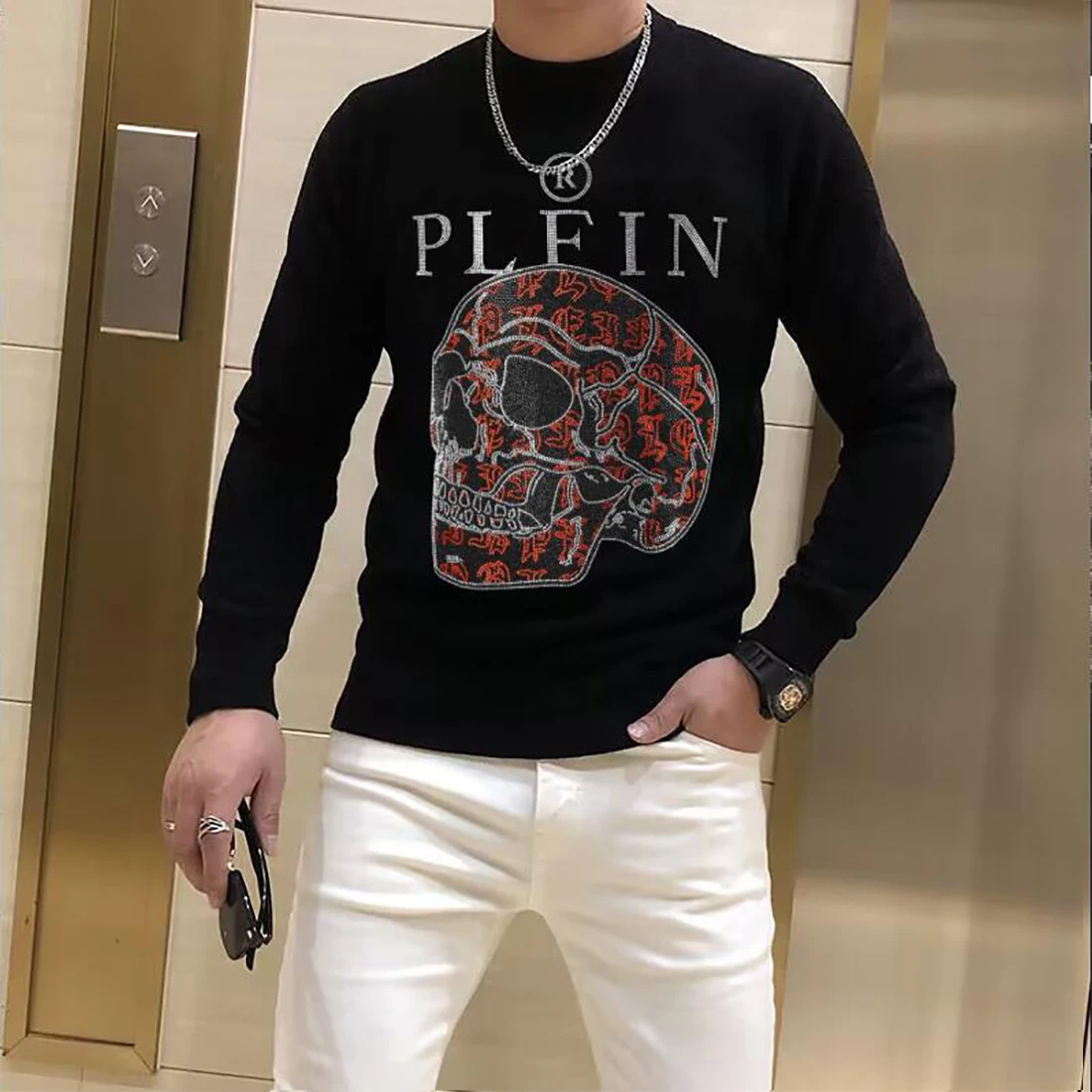 Men\'s Sweater Hip-hop Stylish Rhinestone Trendy Tops Designer Skull Streetwear Male Pullover Comfortable High-quality Clothing