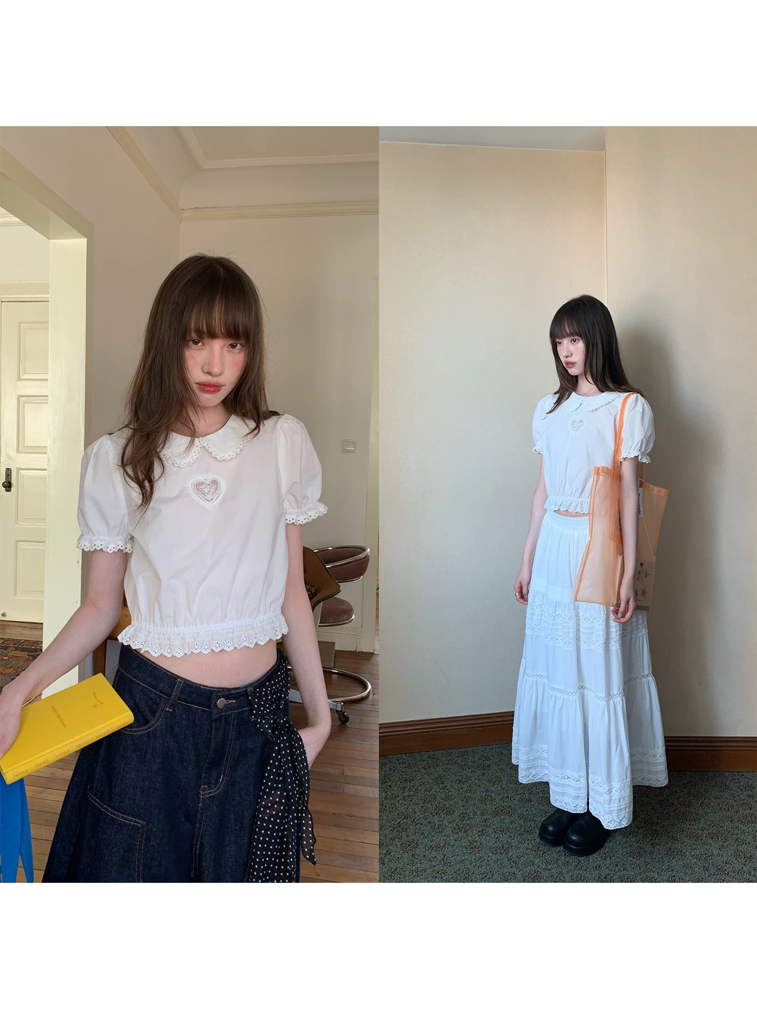 

Sweet Ruffled Lace Bubble Sleeve Two-Piece Set High Waist Skirt Breathable Summer Women's Shirt Casual Loose Fit Pure Color