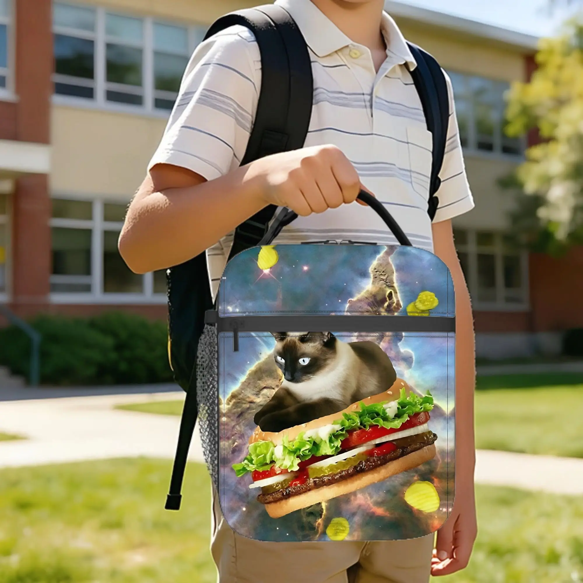 whopper cat  Insulated Lunch Bag Leakproof Hamburger Space Cat Lunch Container Thermal Bag Lunch Box Tote School  Food Bag