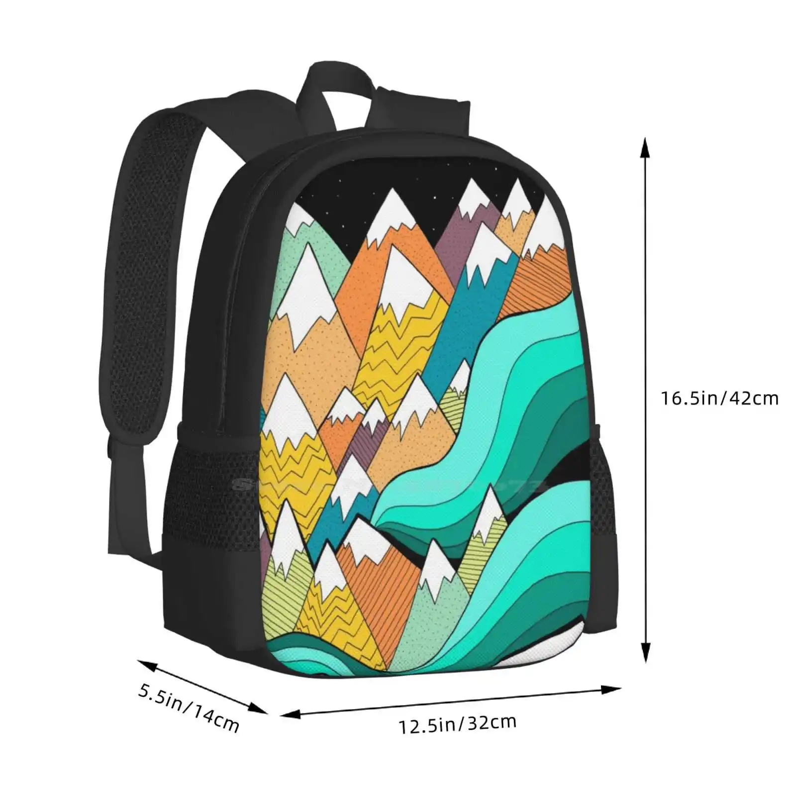 Waves Of The Mountains Pattern Design Bagpack School Bags Mountain Sketch Hand Drawn Landscape Design Lines Dots Nature Abstract