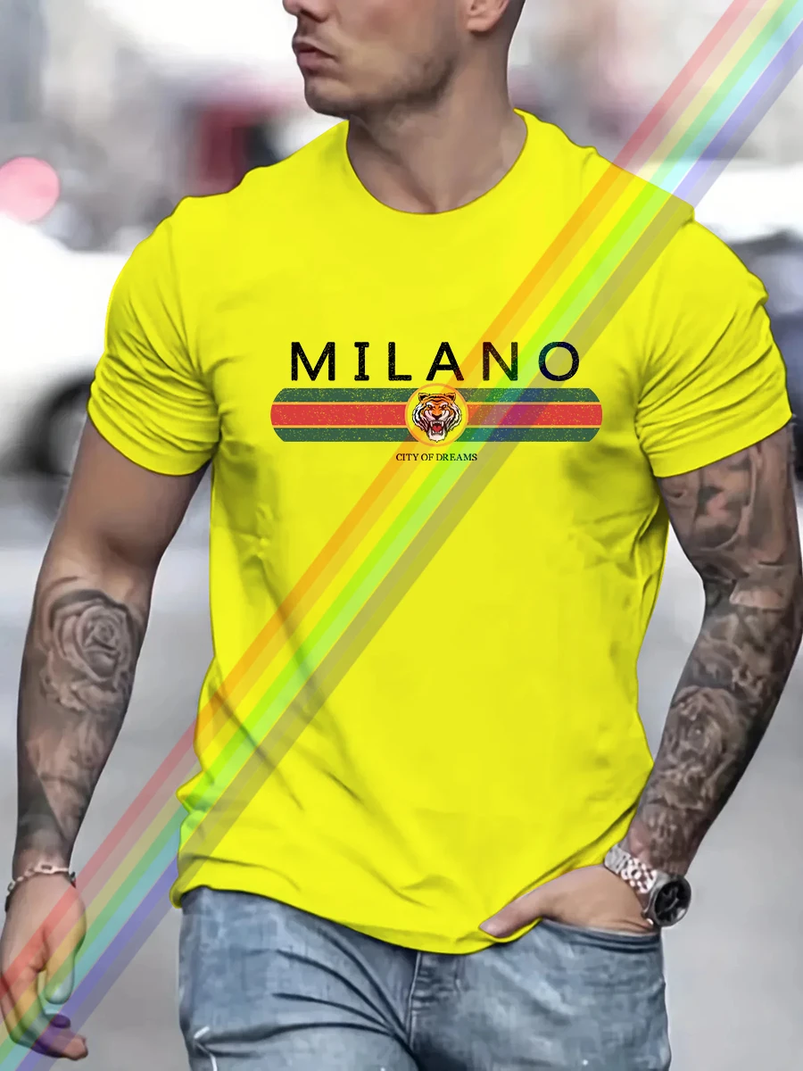 MILANO Print Męska letnia koszulka w stylu vintage, na co dzień z czystej bawełny, obszerna koszulka Streetwear Casual Fashion Style Clothing