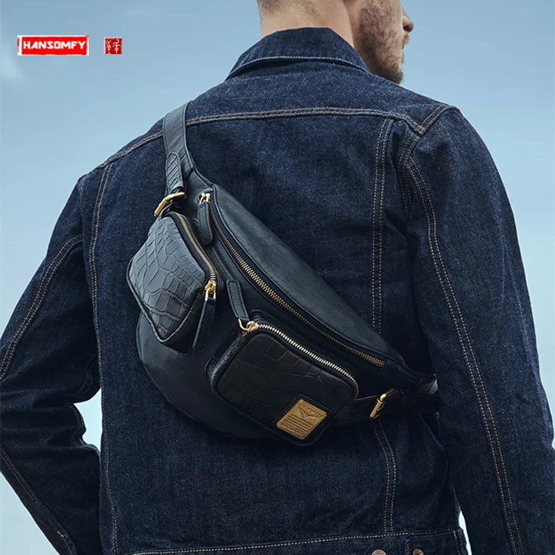 Luxury B6 Crocodile Pattern Men's Chest Bag First Layer Cowhide Vintage Genuine Leather Shoulder Messenger Bag Cycling M