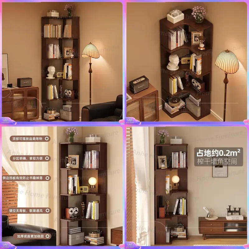 Solid Wood Corner Bookshelf Floor Standing Storage Cabinet Simple Living Room Bedroom Bedside Wall Corner Shelf Unit