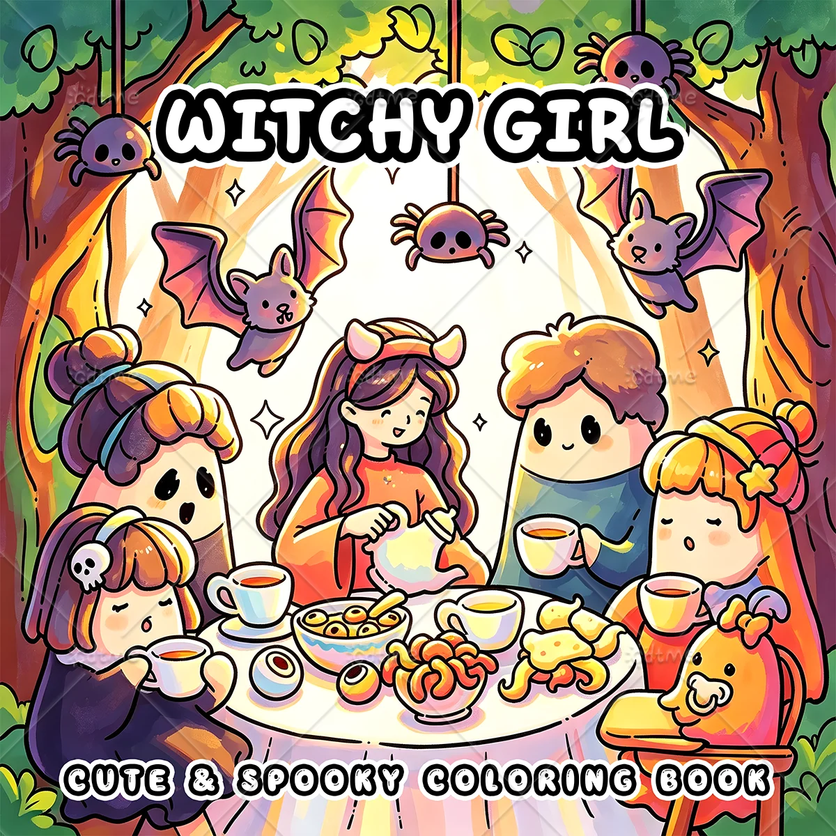 Witchy Girl Adult Coloring Book Large Print Cute Spooky Forest Tea Party Scenes, Stress Relief Relaxing Art Therapy Drawing Book