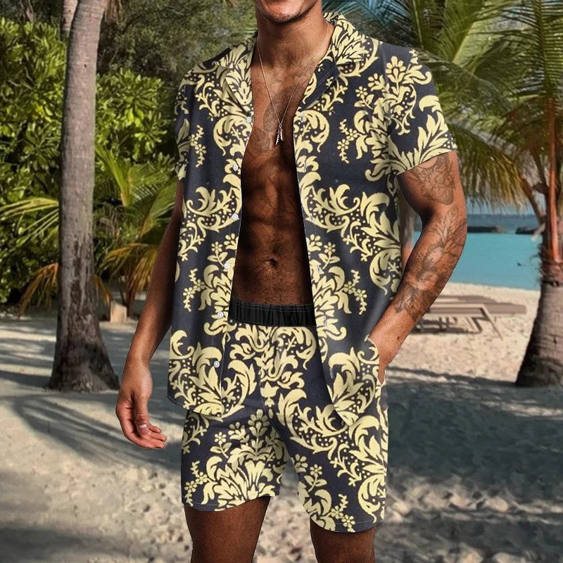 Vintage Hawaii 2Pcs set shirt beach style men 3D print luxury summer suit collar short sleeve Shirts short Hawaiion pants set