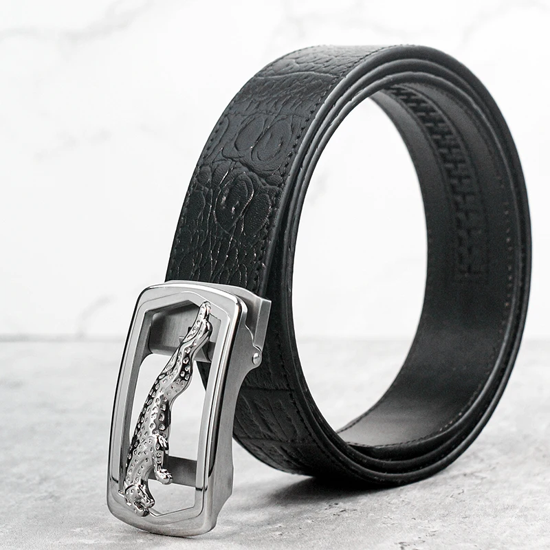 stainless-steel-buckle-top-layer-cowhide-genuine-leather-crocodile-pattern-men's-belt-automatic-buckle-business-black-waist-b