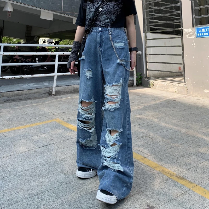 

Y2K Streetwear Baggy Jeans Women Denim Pants Women High Waist Loose Summer Wde Leg Jeans High Street Ripped Hole Trousers