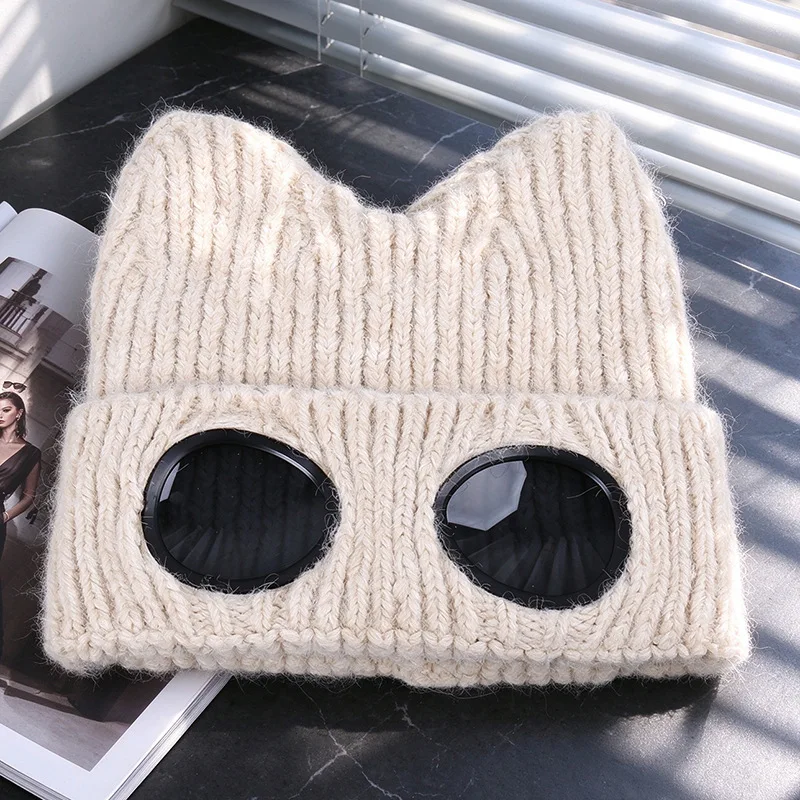 Cute Cat Ear Knitted Beanie Hat With Goggles Women Winter Warm Windproof Skullcap Fashion Y2K Streetwear Knit Cap Outdoor Sports