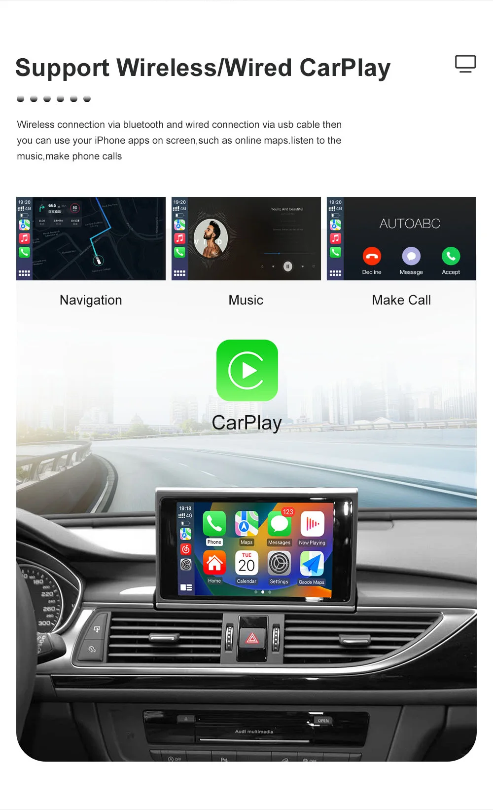 Kabelloses CarPlay- und Android-Auto-Interface-Modul für Audi A6 A7 HN+R-System mit Mirror Link und Bluetooth. – Detail 2