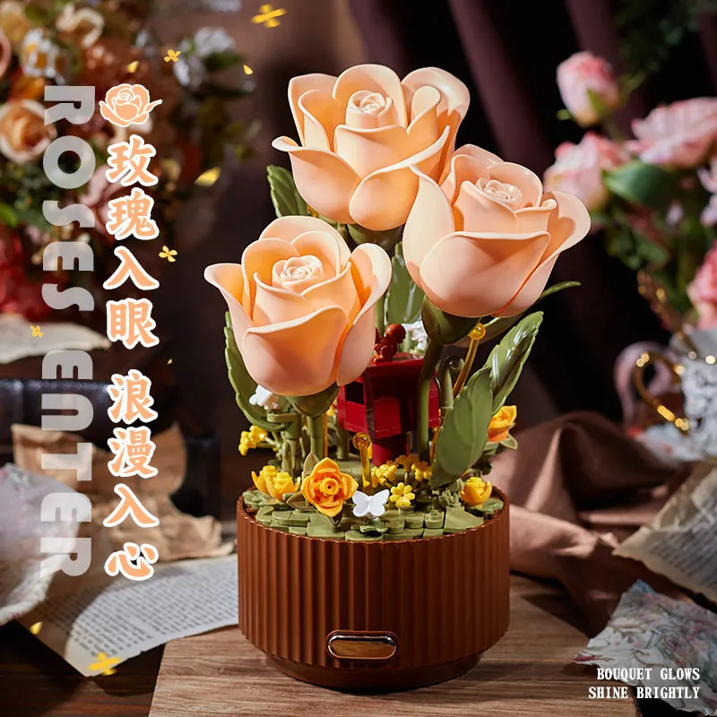 Electric Dynamic Blooming Jasmine Building Blocks Diy Potted Flower Model Open‑Close Bricks Desktop Ornament Home Decor Gift