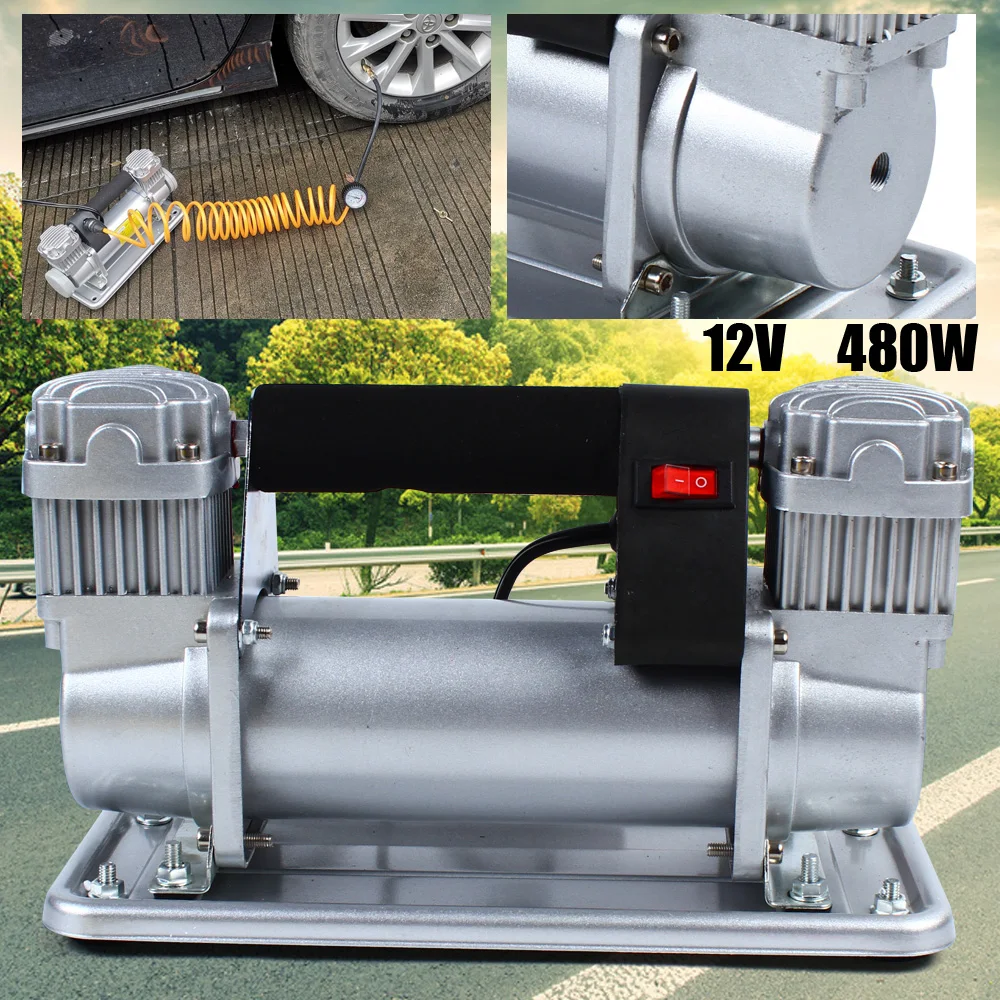 Portable Air Compressor 12V 480W 150 PSI Heavy Duty Air Pump Tire Inflator Powerful Metal Double Cylinder Pump