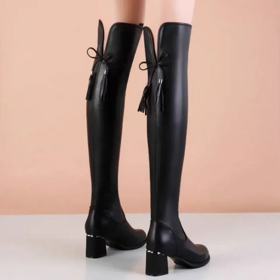 Women Leather Elastic Over The Knee Boots 2024 New Winter Warm Plush Long Boot Autumn Slip-On Pointed Thick Heels Knight Botas