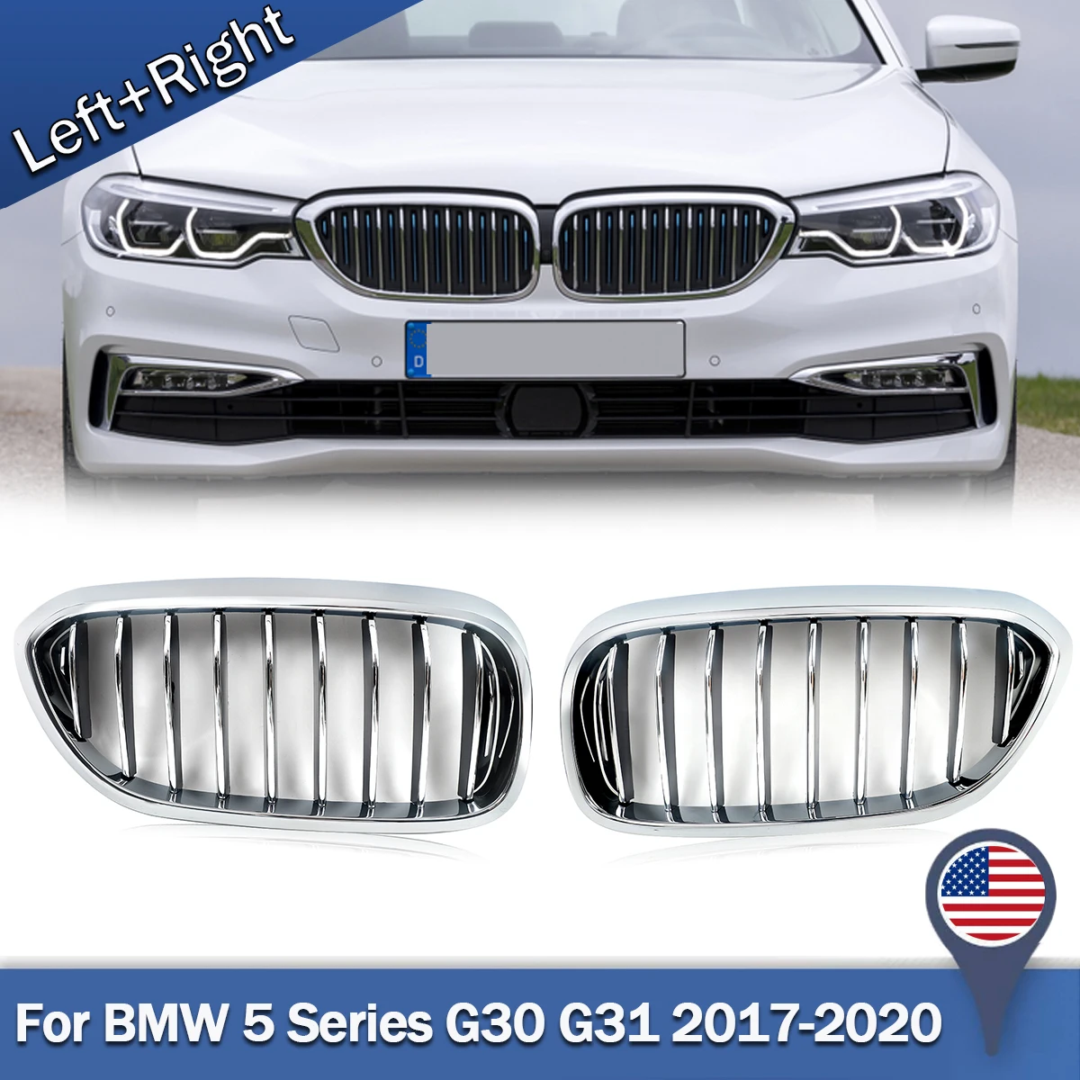 Fit for BMW 5 Series G30 G38 525 530 540Li  530i 540i 2017-2020 chrome Front Kidney Grille Grill Driver LH+RH Side