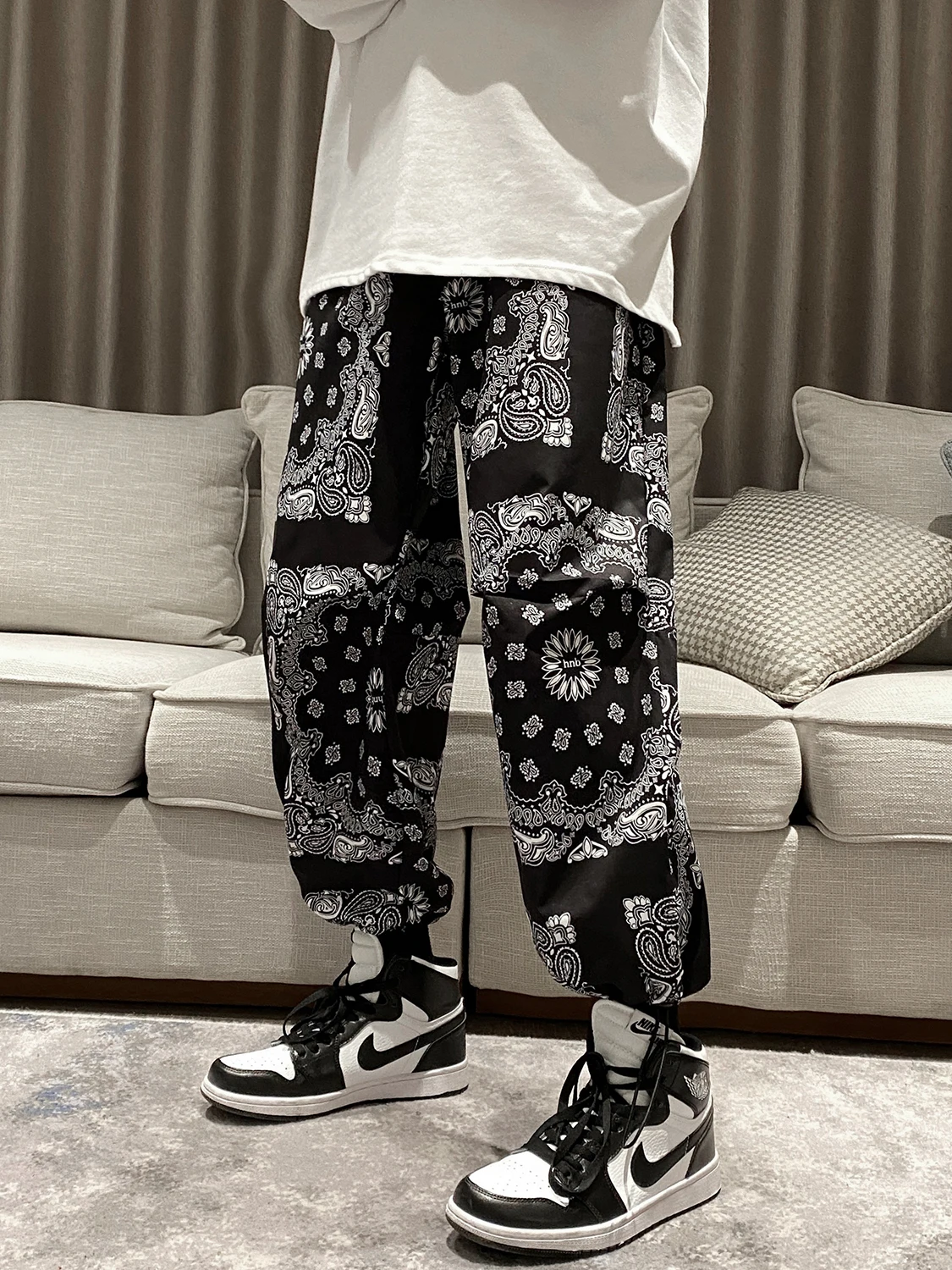 

Elastic Waist Casual Pants Large Size Men's Printed Pants Flower Pattern Bla Decal Workwear Summer Straight Leg Trousers
