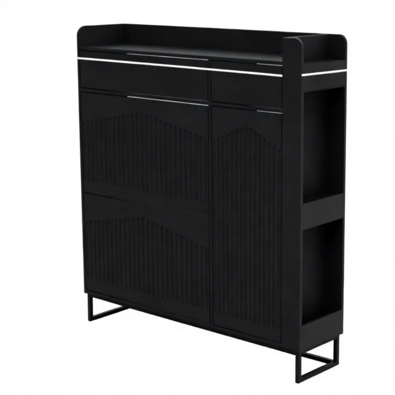 Modern slim black shoe cabinet with flip drawers and side racks, minimalist porch furniture
