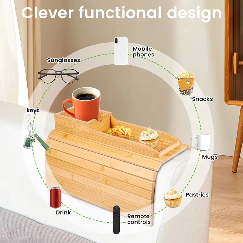 Couch Cup Holder Natural Anti-Slip Bamboo Sofa Armrest Tray Foldable Multifunctional Sofa Cup Holder for Cups Remote Control