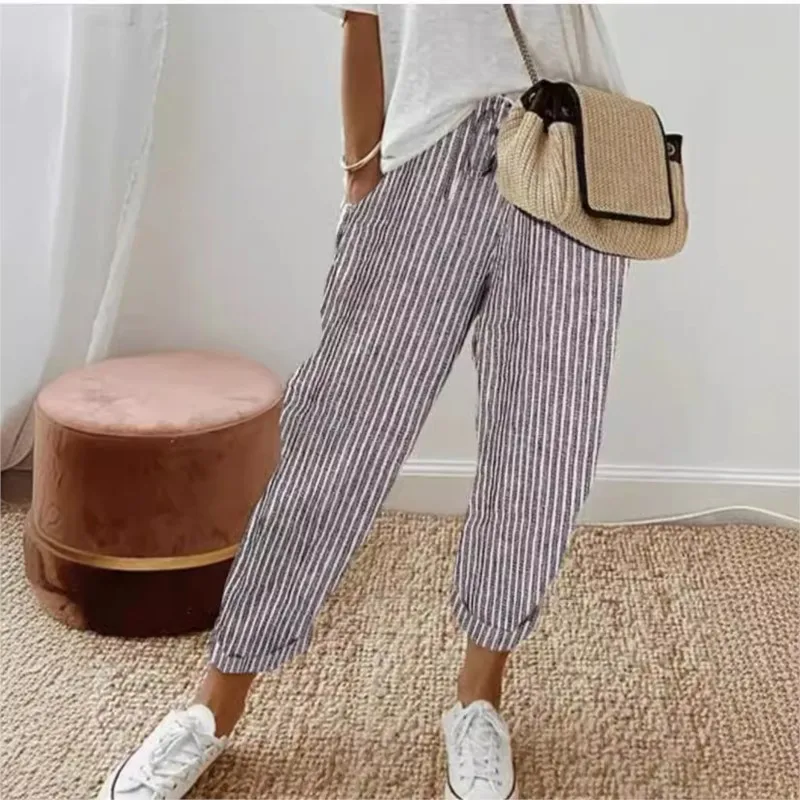European  American Women's Summer New Fashionable Loose Stripe Printed Elastic Waist Drawstring Casual Pants All-match Pants