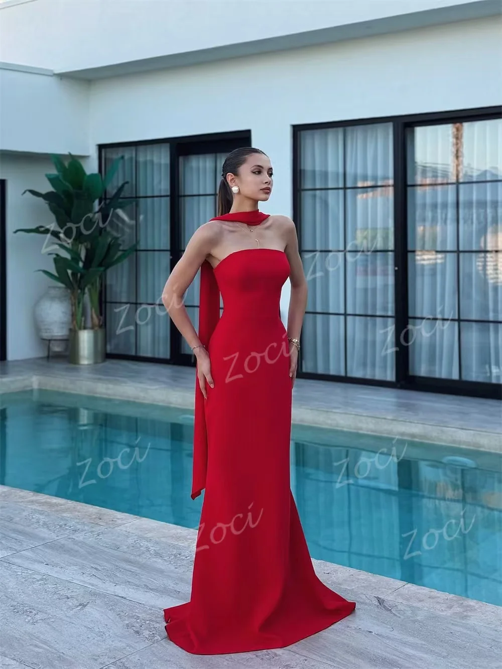 Zoci-vestidos de noche sencillos de sirena roja, vestidos de fiesta formales sin tirantes de satén elástico personalizados para mujer, vestido de dama de honor