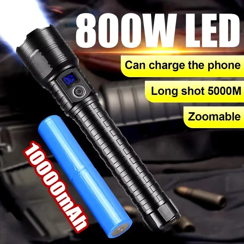 

2025 Ultra Powerful Flashlight 800W Rechargeable Torch Light 10000mAh XHP390 High Power LED Flashlights 5000M Tactical Lantern