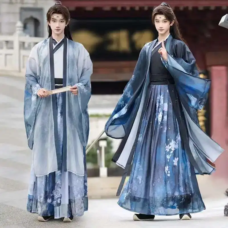 

Традиционный китайский костюм Weijin с перекрестным воротником, стильный крутой костюм для косплея на Хэллоуин, сценический COS, мужской костюм с цветочным принтом Hanfu