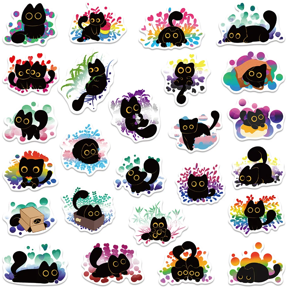 10/30/50PCS Colorful Little Black Cat Cute Kitten Cartoon Funny Graffiti Stickers DIY Bicycle Helmet Diary Shoe Rack Decals