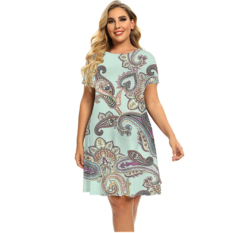 Women's Summer Dresses 2022 Casual Short Sleeve O-Neck Oversized Loose Sundress Ladies Printed Vintage Beach Dress Plus Size 6XL