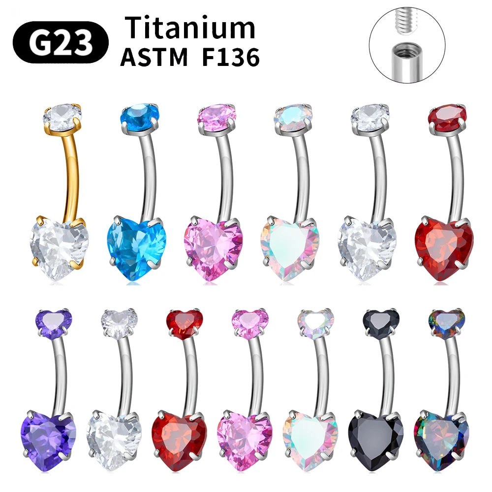 G23 Titanium Belly Button Ring Navel Piercing Body Jewelry For Women Round Heart Shape Zircon Piercing High Quality Popular