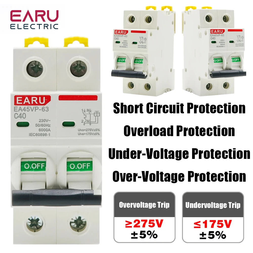 AC MCB C Type 230V 50/60HZ Mini Circuit Breaker Overvoltage and Undervoltage Protection 6A 10A 16A 20A 25A 32A 40A 50A 63A 1P+N