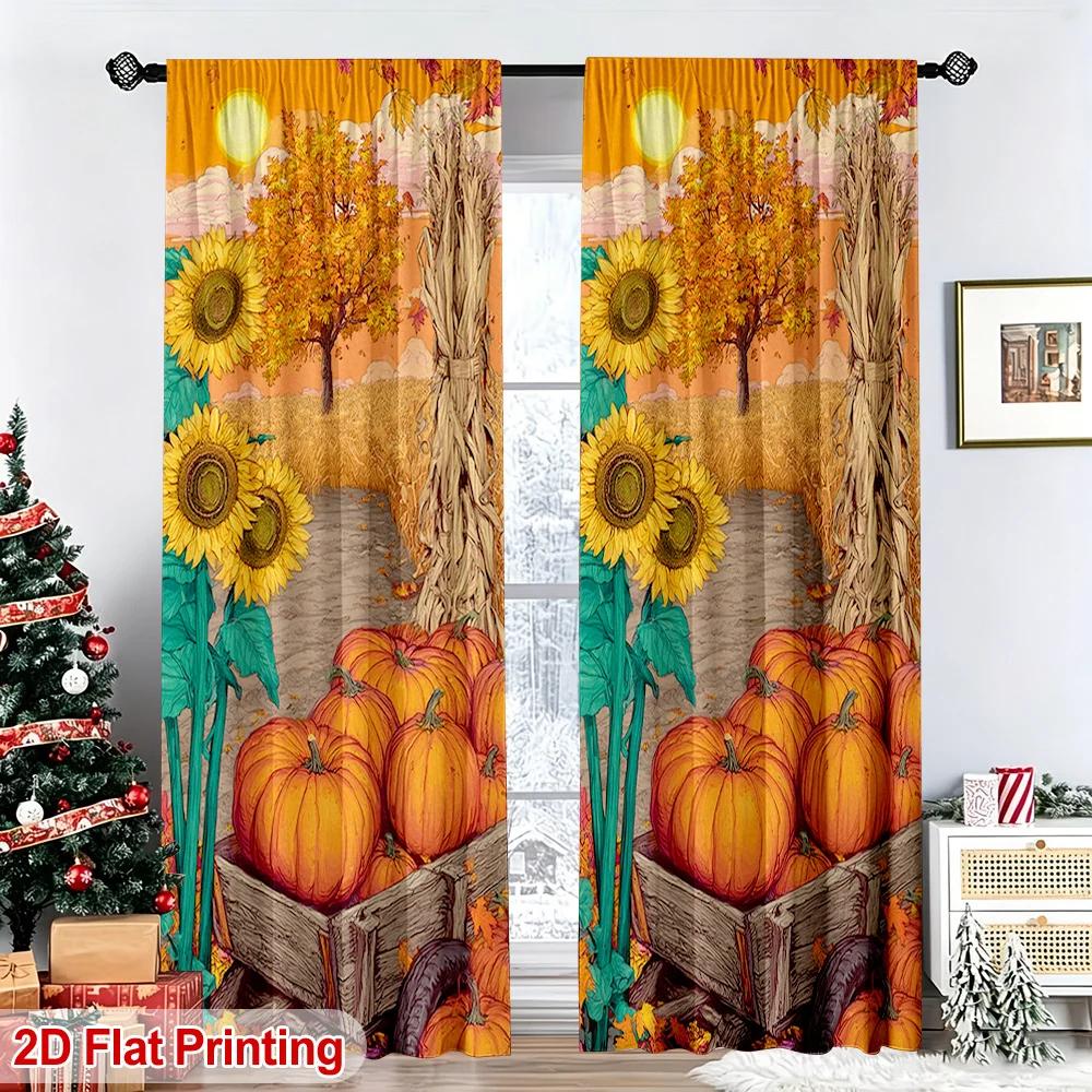 2PCS Digital Print Curtains, Sunflower Pumpkin Autumn Harvest Pattern, Rustic Farmhouse Style for Fall Season Home Decor