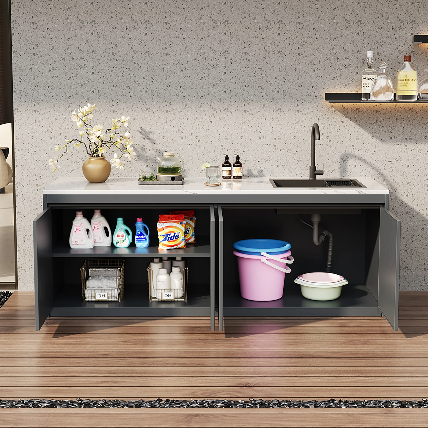 Outdoor wash basin courtyard rock slab sink integrated cabinet outdoor pool basin garden console aluminum alloy locker