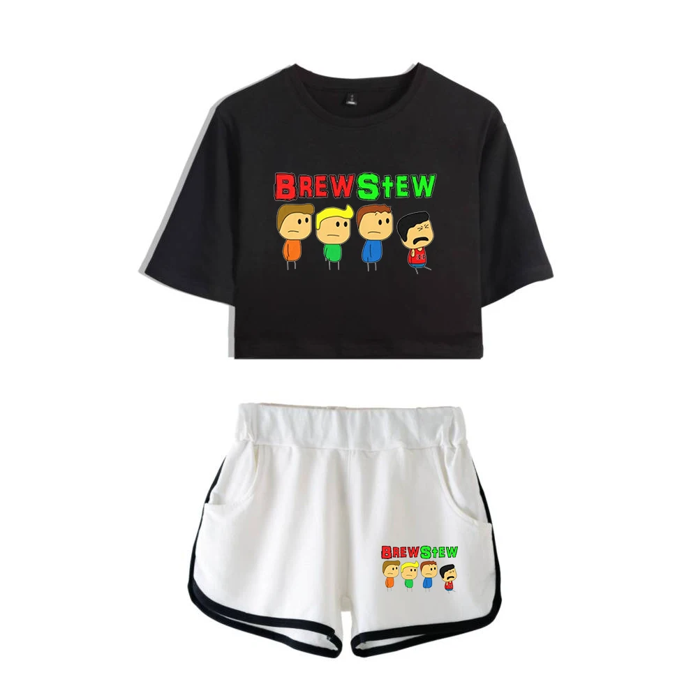 Brewstew Merch Funny Youtuber Two Piece Set Short Sleeve Cropped Top Navel Tee+Shorts 2023 Harajuku Streetwear Women's Sets