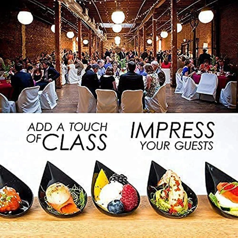 100 Tear Drop Mini Appetizer Plates - Mini Dessert Plates Tasting Spoons Plastic Mini Spoons Dessert Spoon Bowls, Black
