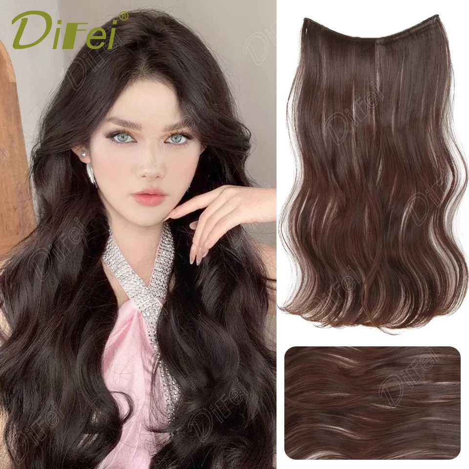 DIFEI One-piece Clip Hair Synthetic Wig Female Ultra-thin Invisible Four-card BB Clip Fluffy And Supple Long Curly Wig Piece