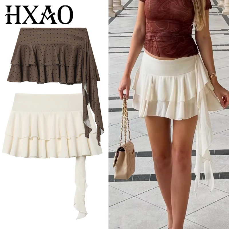 HXAO Women's Skirt Chiffon Layered Culottes Elegant Ruffle High Waist Lace-Up Short Skirts Mini Beige Skirts Streetwear Culottes