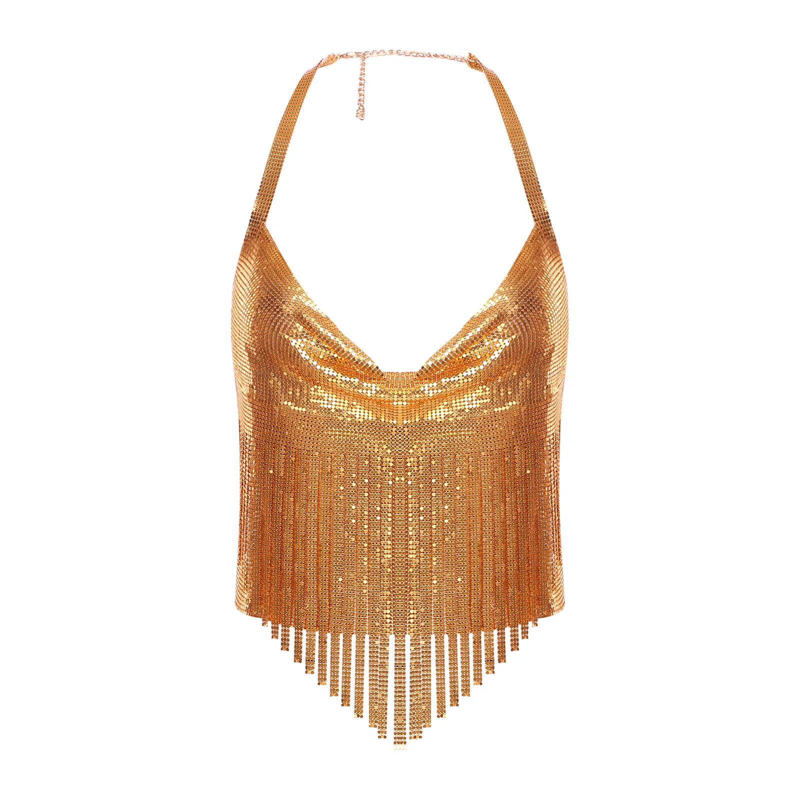 Damesmode Kwasten Top Hot Verstelbare Halter Glanzend Metallic Backless Crop Tops Nachtclub Rave Party Muzikaal Festival Kostuum
