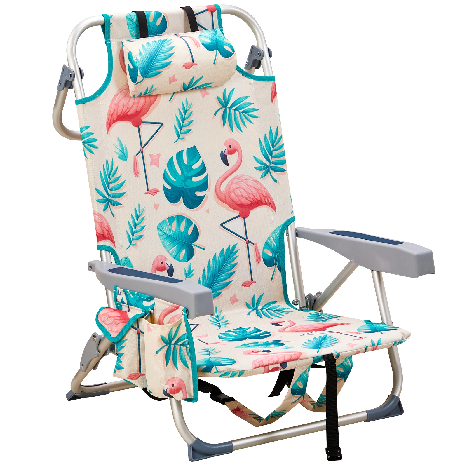 

63*65*82cm Short Oxford Cloth Silver White Aluminum Tube Bearing 100kg Beach Chair Flamingo