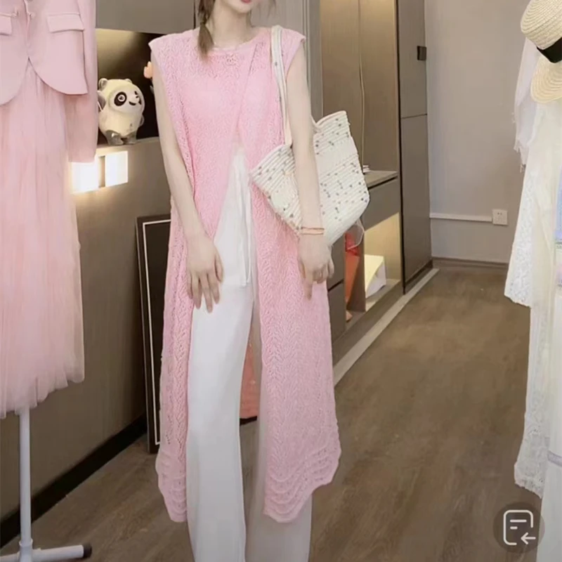 New Fashion Elegant Hollowed Out Sun Protection Knitted Cardigan Vest Summer Solid Color Blouse Women's Sleeveless Long Smock