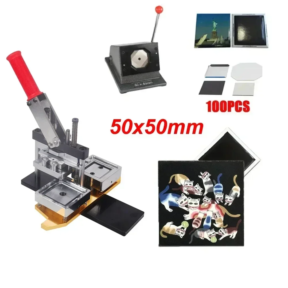 Fridge Magnet Machine Set Square DIY Magnet Badge Press Machine 50x50mm Rotary Metal Sheet with Cutter and 100 Magnet Parts