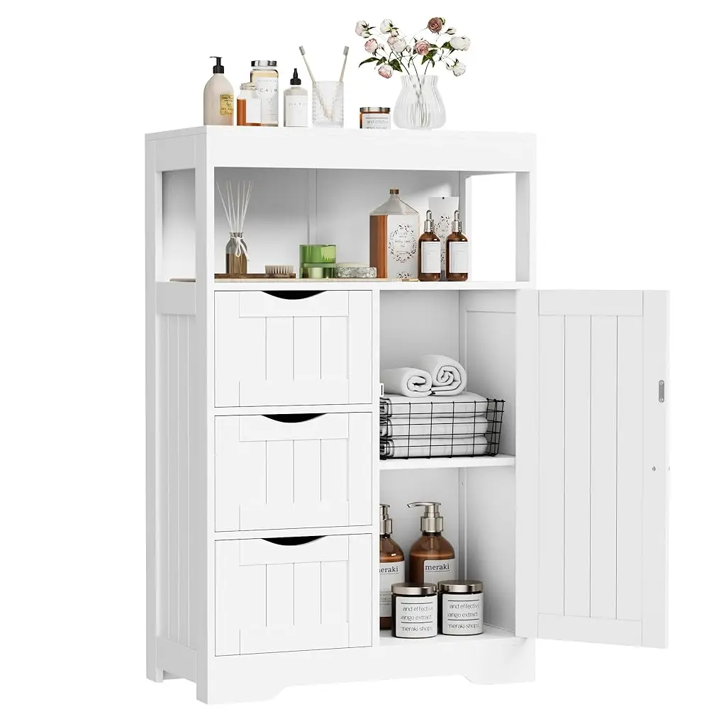 

Bathroom Storage Cabinet Freestanding Floor Cupboard With 1 Door And 3 Drawers For Kitchen, Living Room, White