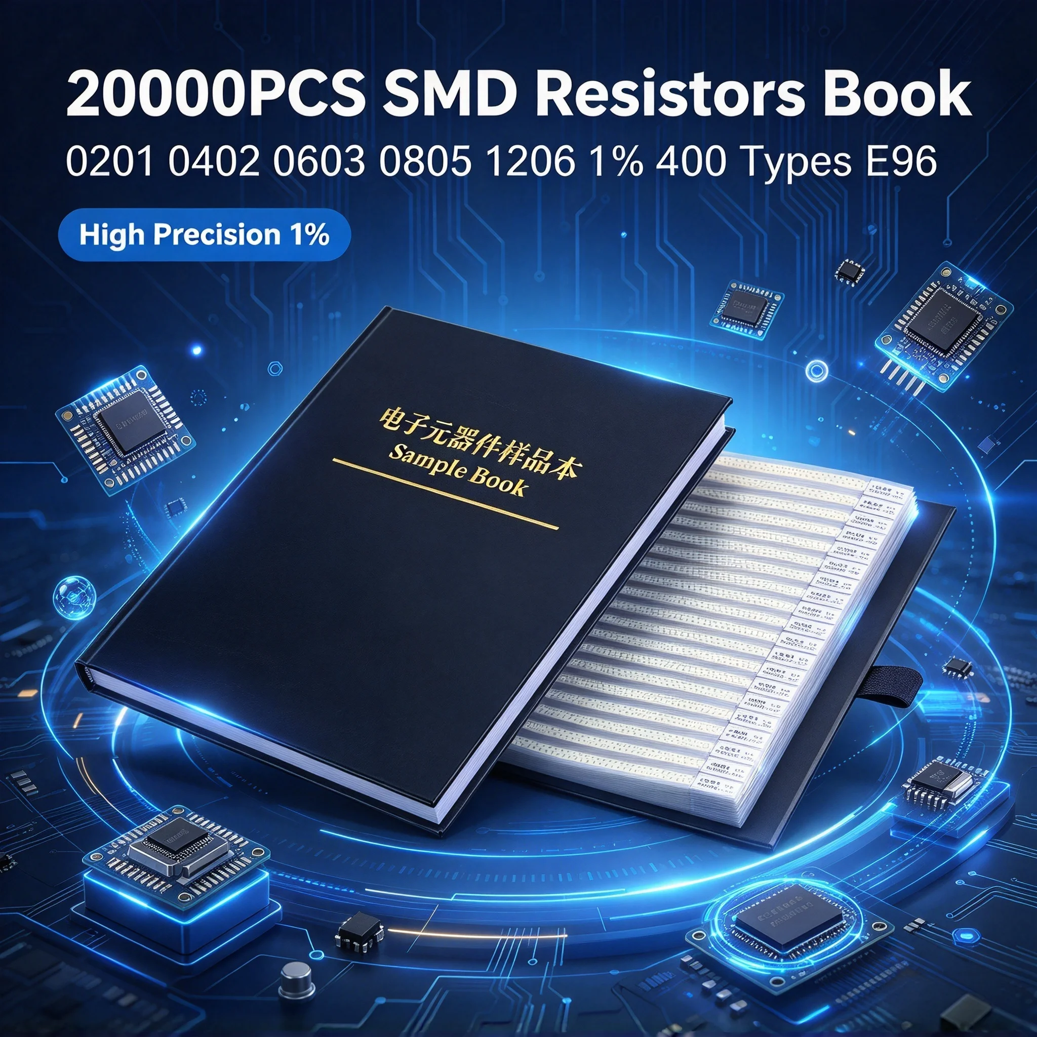 SMD Resistor Sample Book 20000PCS 400 Values E96 Series 1% Precision 0201 0402 0603 0805 1206 Chip Resistor Assortment Kit DIY E