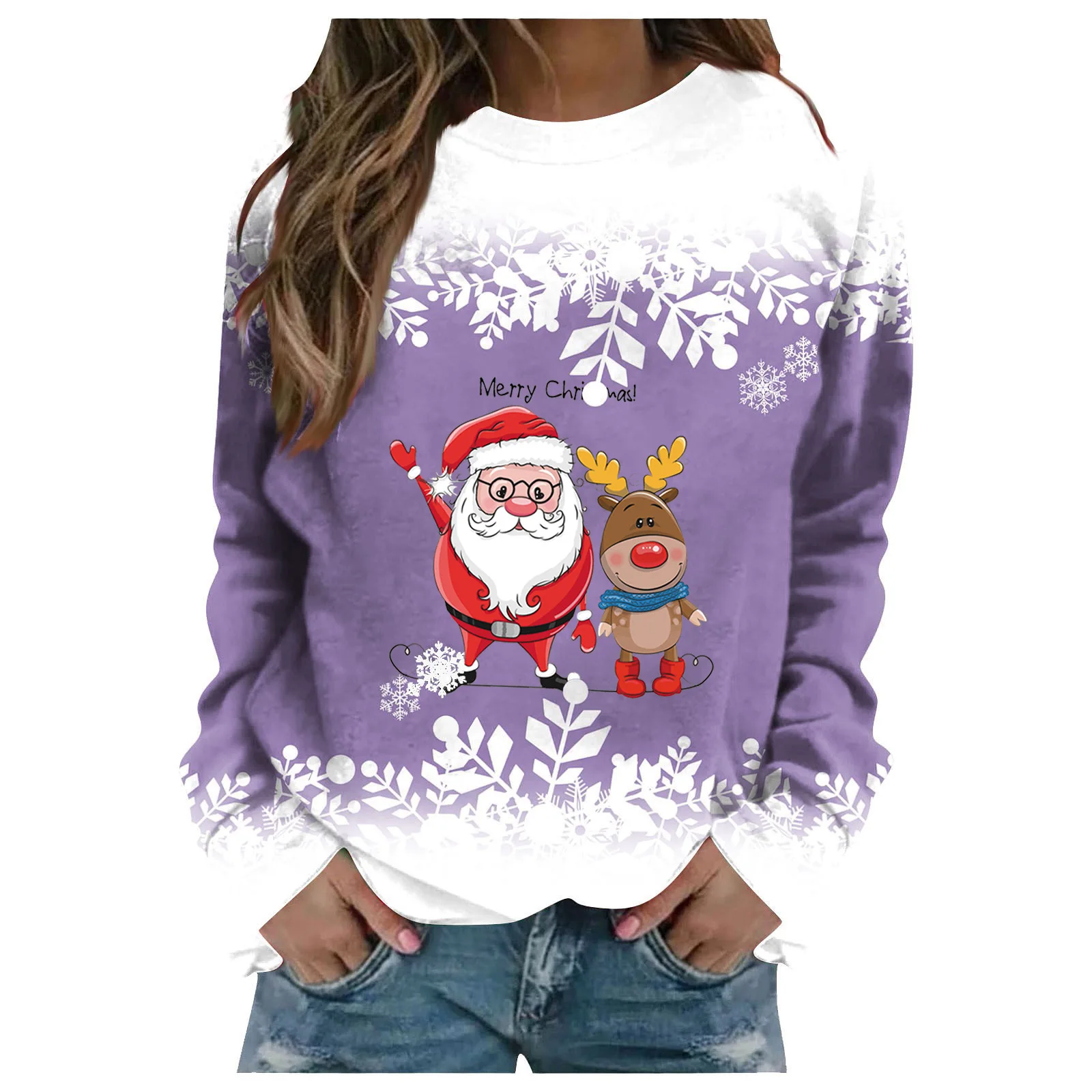 

Woman Christmas O-neck Pullovers Spring Autumn Loose Purple Santa Claus Print Sweatshirts Clothing