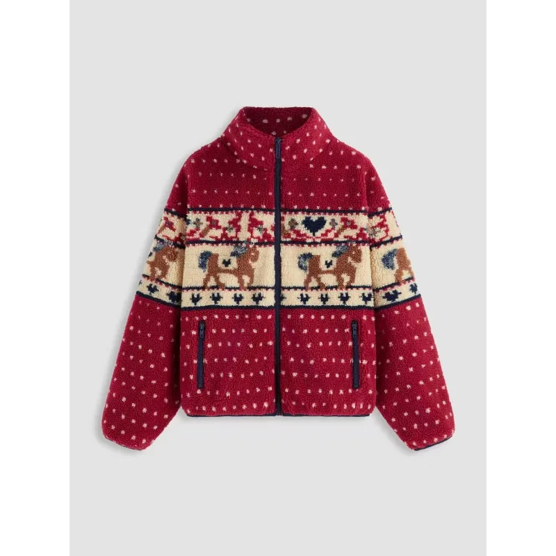 크리스마스 무스 프린트 여성용 면 재킷 가을 겨울 신상 캐주얼 지퍼 포켓 긴팔 따뜻한 코트 여성용 2025