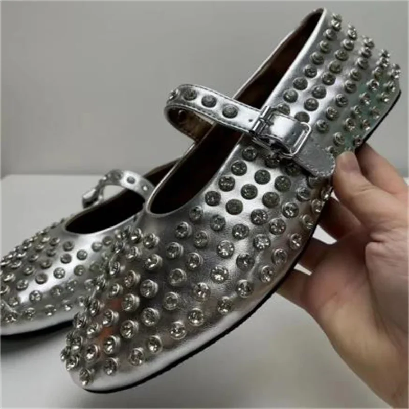 

Rhinestones Shoes For Women Round Toes Flat Heels Buckle Ladies' Front Strap Ladies Sewing Lines Chassure Femme Solid Zapatos