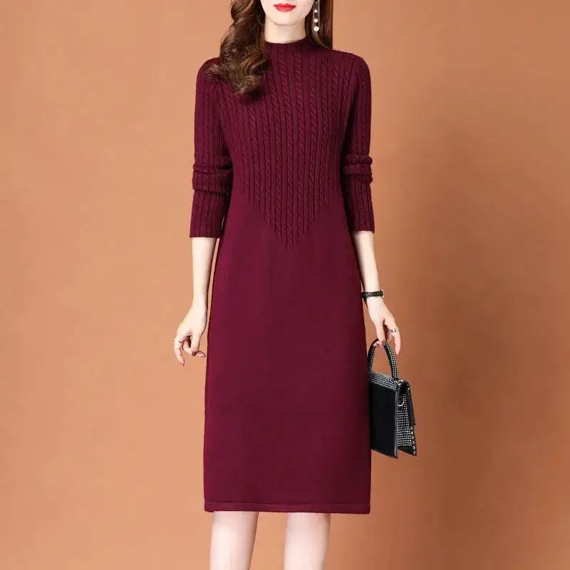 High End New Pullovers Half Turtleneck Long Sleeve Knitwear Middle-Long Bottoming Dress Autumn Winter Warm Knitted Sweater Women