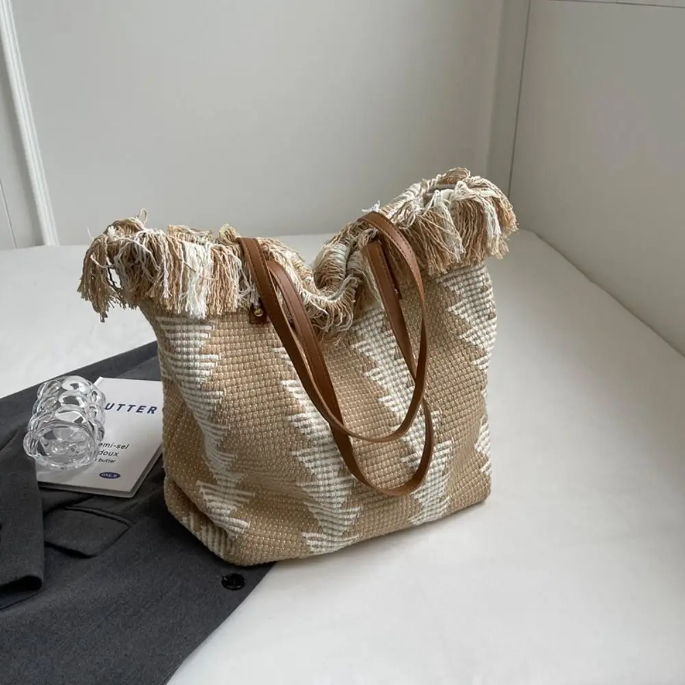 

Lightweight Eco Bag Printing Tassel Shoulder Bag Handbags Korean Straw Bag Embroidery Large Capacity Weave Tote Bag Travel