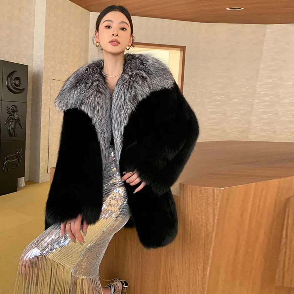 Luxury Real Fox Fur Coats Women's Natural Fur Lapel Jackets Winter Fashion Warm Genuine Fox Fur Mid-length Thick Overcoats