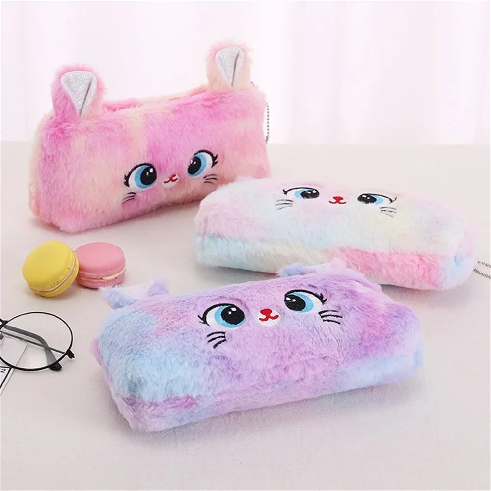 Kawaii Cat большая вместительная сумка-карандаш на молнии, красивая мультяшная креативная плюшевая сумка-карандаш для девочек, сумка для хранения канцелярских принадлежностей