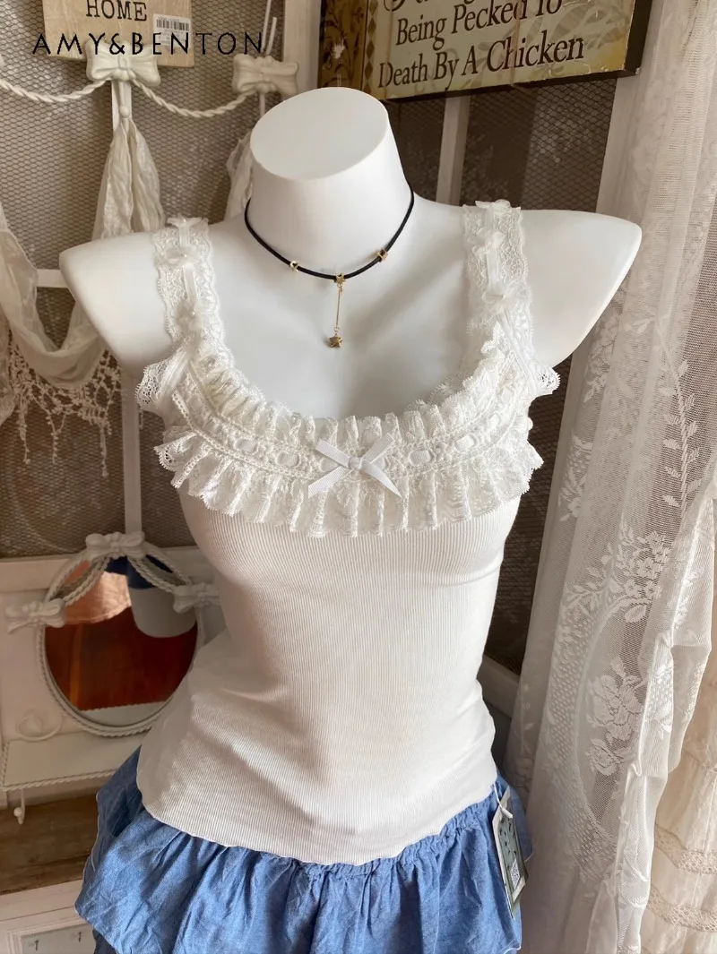 Graceful Vintage Heavy Industry Lace Inner Sling Sweet Cute Bow Slim Sexy Crop Top Women Japanese Style Kawaii Y2K Tank Top