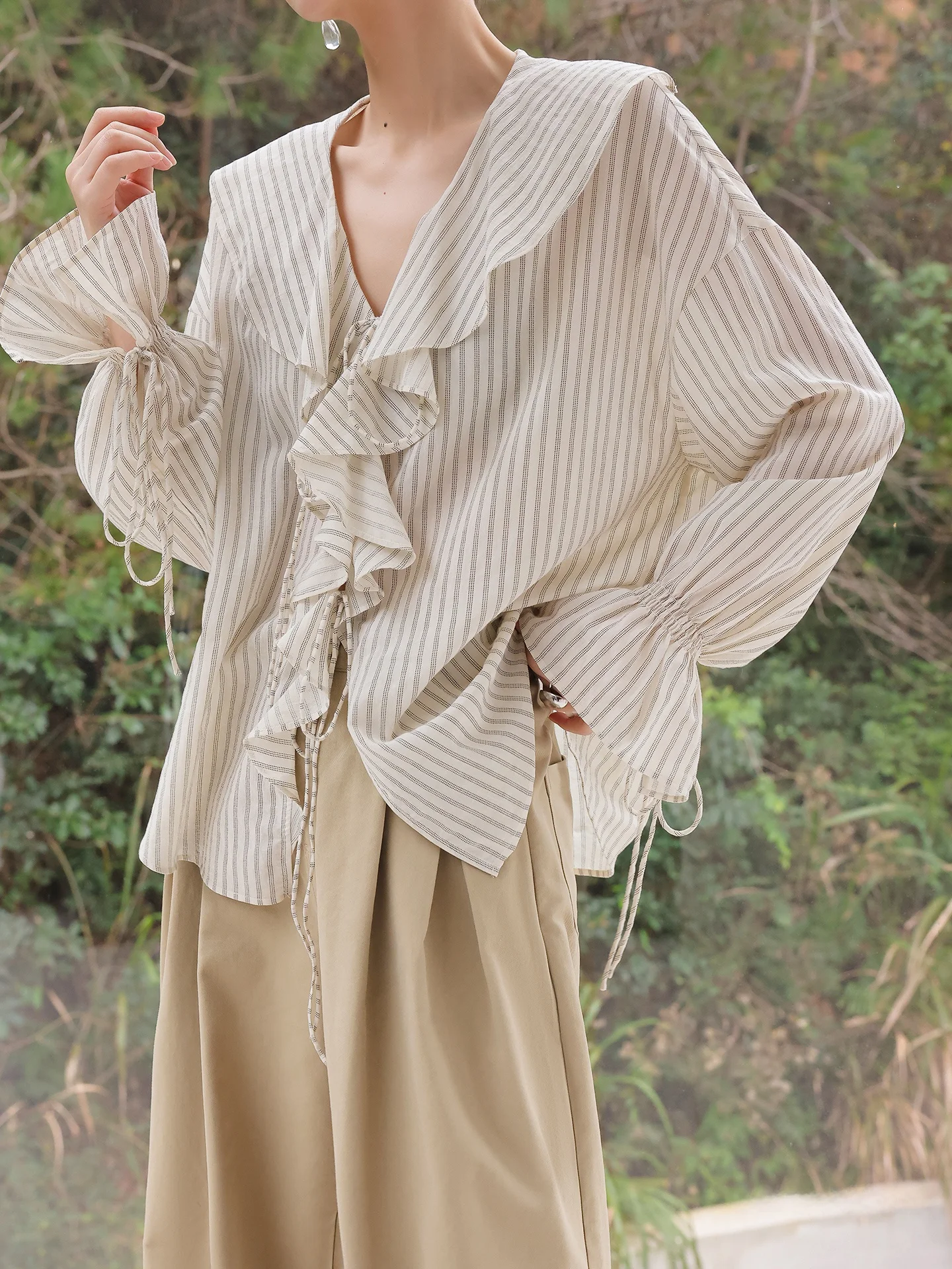 

JWUNIQUE Wine Dimple Loose Fit Striped irt Dstring Casual Gathered Hem Casual Versatile Cotton Long Sve irt